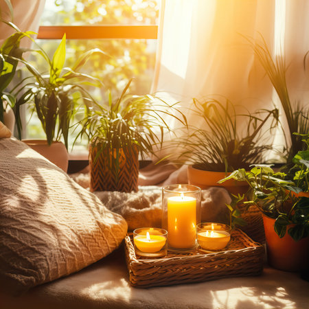 Mindfulness home interior decor, green plants and candles in beautiful afternoon light, natural cozy calm home decorationの素材