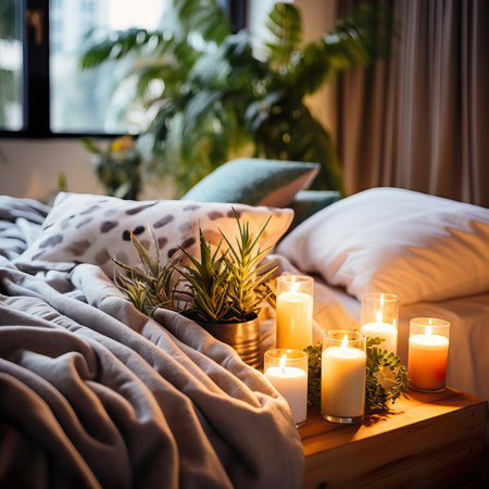 Mindfulness home interior decor, green plants and candles in beautiful afternoon light, natural cozy calm home decorationの素材