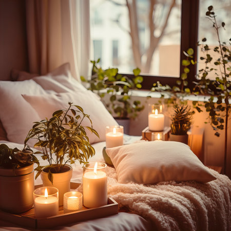 Mindfulness home interior decor, green plants and candles in beautiful afternoon light, natural cozy calm home decorationの素材