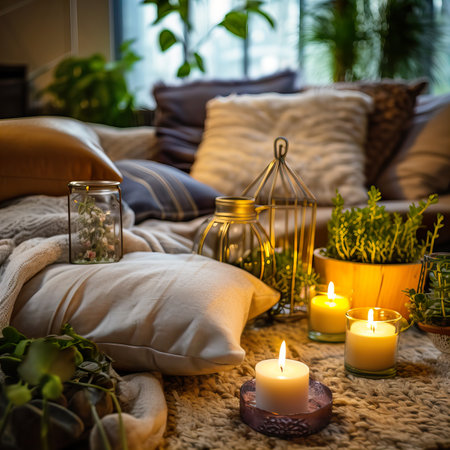 Mindfulness home interior decor, green plants and candles in beautiful afternoon light, natural cozy calm home decorationの素材