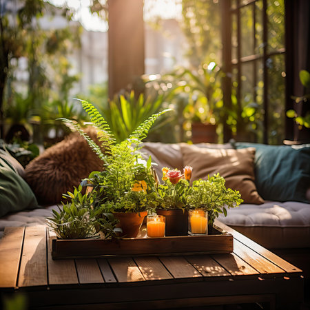 Beautiful tray decor with green plants and burning candles in cozy home interior, mindfulness house decorationの素材