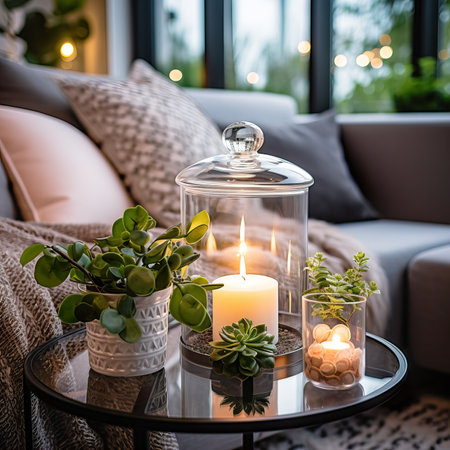 Beautiful tray decor with green plants and burning candles in cozy home interior, mindfulness house decorationの素材