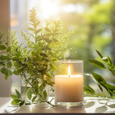 Green houseplants and burning candle closeup shot, natural home decor with plats and leavesの素材