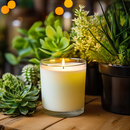 Green houseplants and burning candle closeup shot, natural home decor with plats and leavesの素材