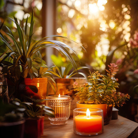 Green houseplants and burning candle closeup shot, natural home decor with plats and leavesの素材