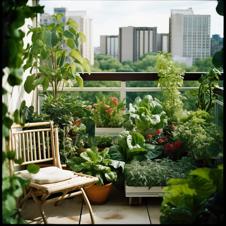 Urban jungle, love for plants concept. Interior of cozy home garden with fresh green houseplants, natural home decorの素材