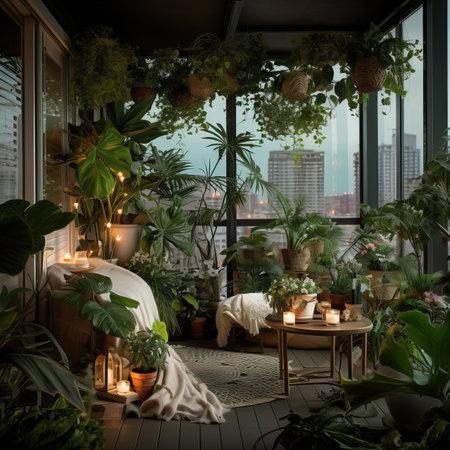 Urban jungle, love for plants concept. Interior of cozy home garden with fresh green houseplants, natural home decorの素材