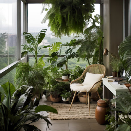 Urban jungle, love for plants concept. Interior of cozy home garden with fresh green houseplants, natural home decorの素材