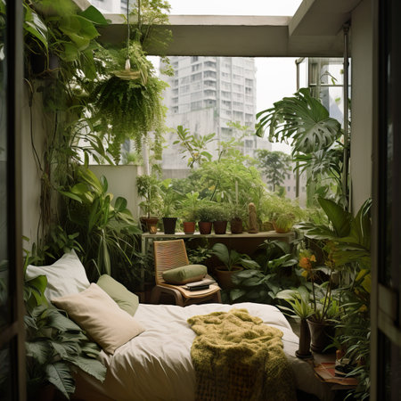 Urban jungle, love for plants concept. Interior of cozy home garden with fresh green houseplants, natural home decorの素材