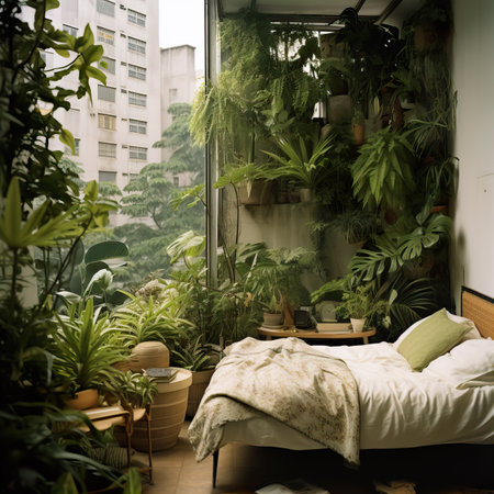 Urban jungle, love for plants concept. Interior of cozy home garden with fresh green houseplants, natural home decorの素材