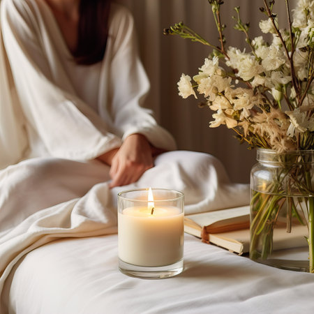 Beautiful young woman with long hair dressed in white relaxing in her home bedroom with burning candles, flowers and books, cozy home decor in natural colors. Candle jar mockupの素材