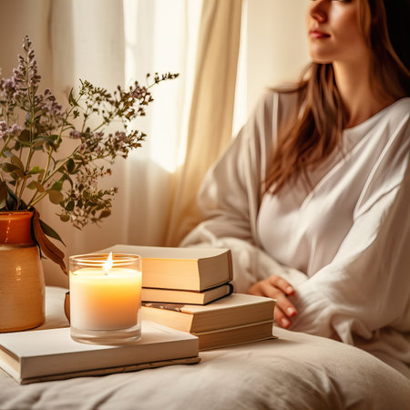 Beautiful young woman with long hair dressed in white relaxing in her home bedroom with burning candles, flowers and books, cozy home decor in natural colors. Candle jar mockupの素材