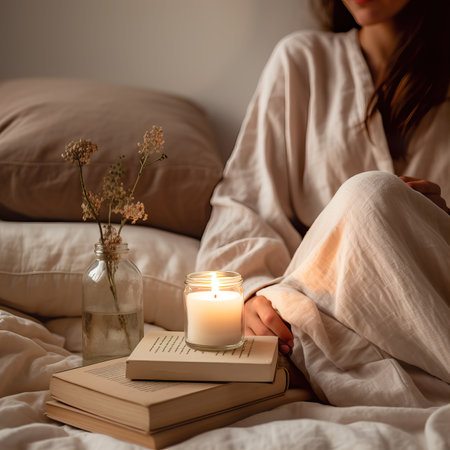 Beautiful young woman with long hair dressed in white relaxing in her home bedroom with burning candles, flowers and books, cozy home decor in natural colors. Candle jar mockupの素材