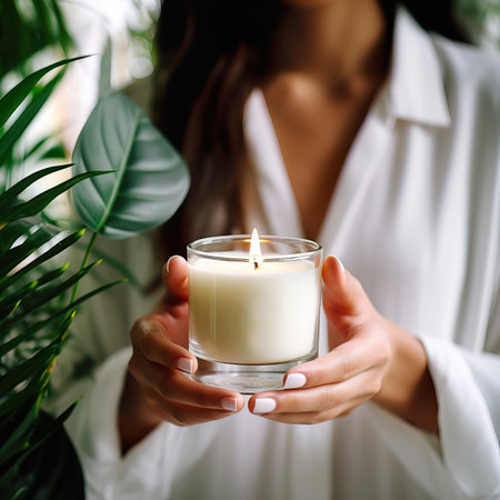 Young woman holding burning candle jar in her hands, container candle mockup closeup shot, mindfulness home interior with green plantsの素材