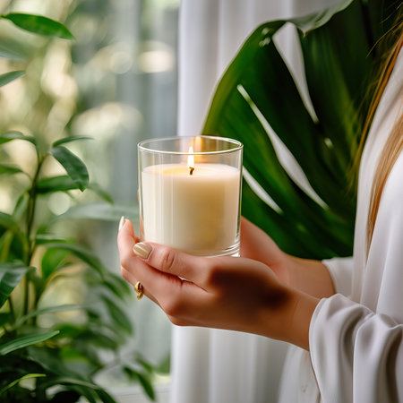 Young woman holding burning candle jar in her hands, container candle mockup closeup shot, mindfulness home interior with green plantsの素材