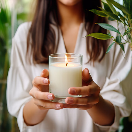 Young woman holding burning candle jar in her hands, container candle mockup closeup shot, mindfulness home interior with green plantsの素材