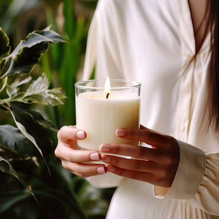 Young woman holding burning candle jar in her hands, container candle mockup closeup shot, mindfulness home interior with green plantsの素材