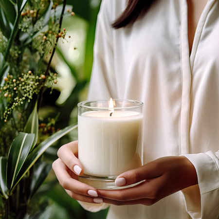 Young woman holding burning candle jar in her hands, container candle mockup closeup shot, mindfulness home interior with green plantsの素材