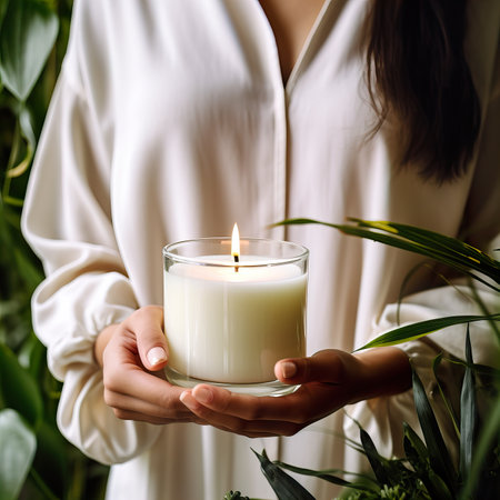 Young woman holding burning candle jar in her hands, container candle mockup closeup shot, mindfulness home interior with green plantsの素材