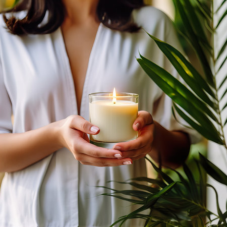 Young woman holding burning candle jar in her hands, container candle mockup closeup shot, mindfulness home interior with green plantsの素材