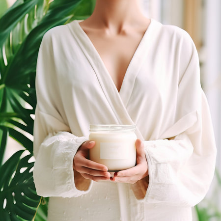 Beautiful young lady dressed in white home dress holding jar of cosmetic cream in her hands, beauty product container mockupの素材