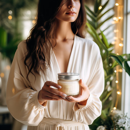 Beautiful young lady dressed in white home dress holding jar of cosmetic cream in her hands, beauty product container mockupの素材