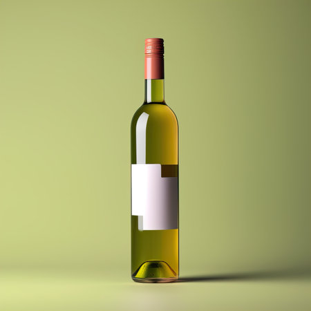 Wine bottle mockup with blank white label, bottle of white grape wine on green studio background, commercial wine label templateの素材