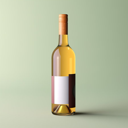 Wine bottle mockup with blank white label, bottle of white grape wine on green studio background, commercial wine label templateの素材