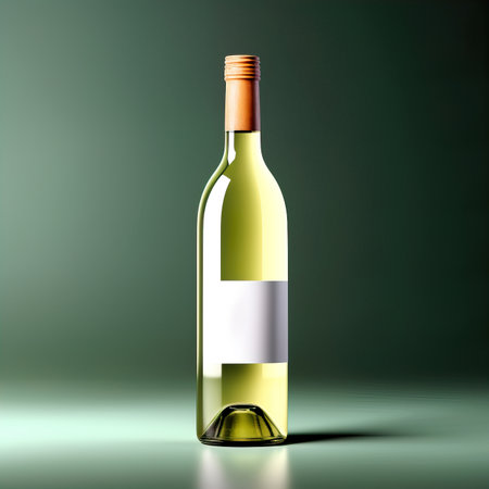 Wine bottle mockup with blank white label, bottle of white grape wine on green studio background, commercial wine label templateの素材