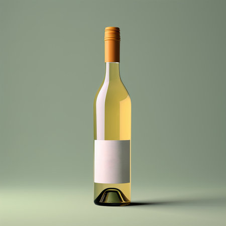 Wine bottle mockup with blank white label, bottle of white grape wine on green studio background, commercial wine label templateの素材