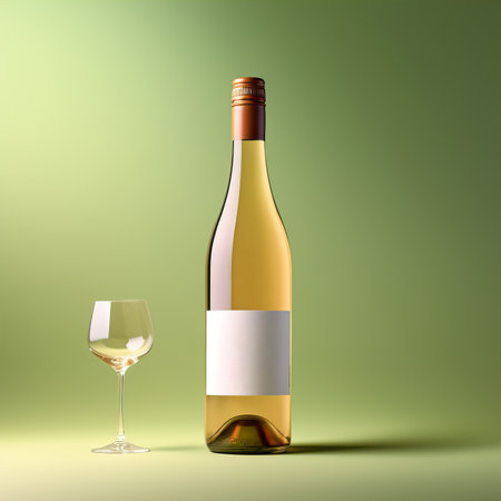 Wine bottle mockup with blank white label, bottle of white grape wine on green studio background, commercial wine label templateの素材
