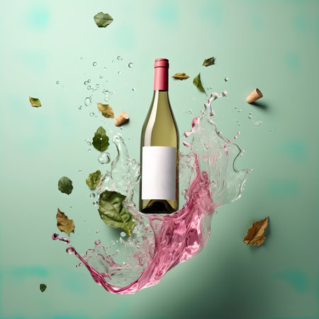 Wine bottle mockup with blank white label, bottle of white wine in liquid splash on green studio background, commercial wine label templateの素材