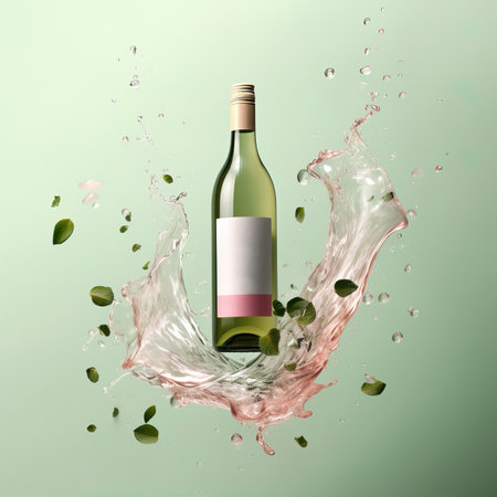 Wine bottle mockup with blank white label, bottle of white wine in liquid splash on green studio background, commercial wine label templateの素材
