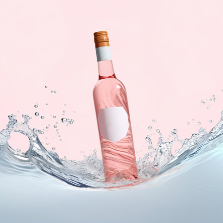Bottle of rose wine floating in liquid splash. Wine bottle mockup with blank white label, commercial rose wine label templateの素材