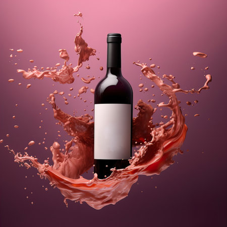 Bottle of red wine in liquid splash. Wine bottle mockup with blank white label, commercial red wine label templateの素材