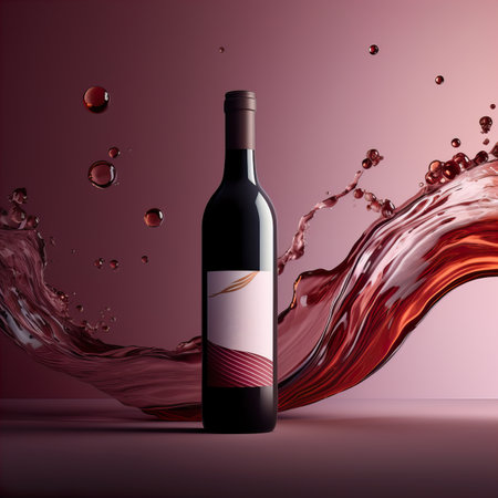 Bottle of red wine in liquid splash. Wine bottle mockup with blank white label, commercial red wine label templateの素材