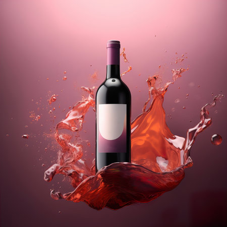 Bottle of red wine in liquid splash. Wine bottle mockup with blank white label, commercial red wine label templateの素材
