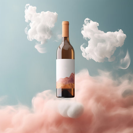 Bottle of wine flying in clouds. Wine bottle mockup with blank white label, commercial rose wine label templateの素材