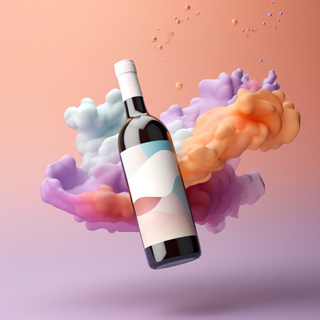 Bottle of wine flying in colorful clouds. Wine bottle mockup with blank white label, commercial rose wine label templateの素材