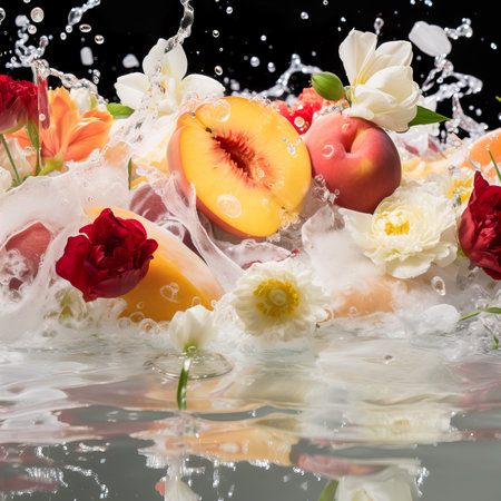 Fresh fruits and flowers in water splashes, dynamic still lifeの素材