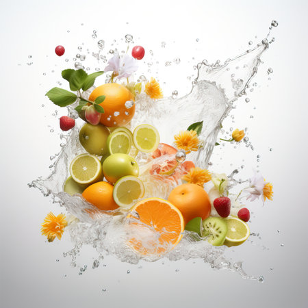 Fresh fruits and flowers in water splashes, dynamic still life on white background isolatedの素材