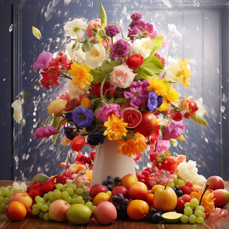 Fresh fruits and flowers in water splashes, dynamic still lifeの素材