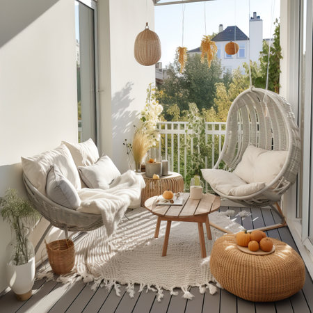 Cozy autumn balcony decor, warm fall city balcony decor with chair and pillows, pumpkins, yellow leaves and candlesの素材
