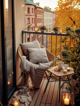 Cozy autumn balcony decor, warm fall city balcony decor with chair and pillows, pumpkins, yellow leaves and candlesの素材
