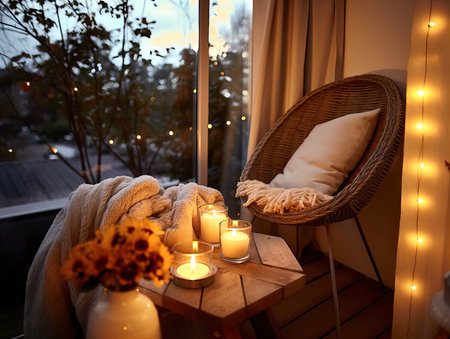 Cozy autumn balcony decor, warm fall city balcony decor with chair and pillows, pumpkins, yellow leaves and candlesの素材