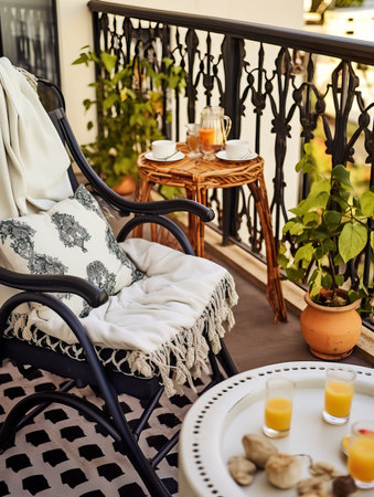Cozy autumn balcony decor, warm fall city balcony decor with chair and pillows, pumpkins, yellow leaves and candlesの素材