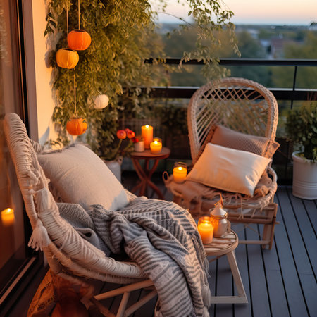 Cozy autumn balcony decor, warm fall city balcony decor with chair and pillows, pumpkins, yellow leaves and candlesの素材