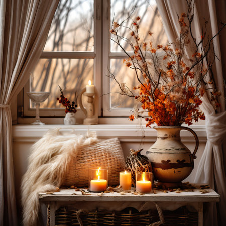 Cozy autumn interior decor arrangement, warm fall home decoration composition, dried flowers in vaseの素材