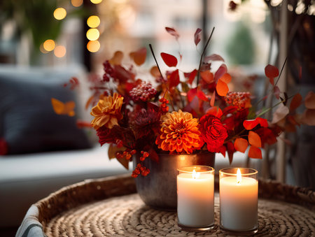 Cozy autumn interior decor arrangement, warm fall home decoration composition, dried flowers in vaseの素材