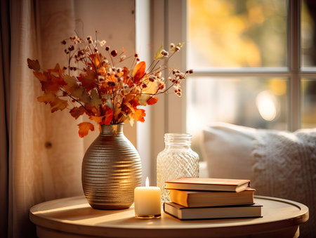 Cozy autumn interior decor arrangement, warm fall home decoration composition, dried flowers in vaseの素材